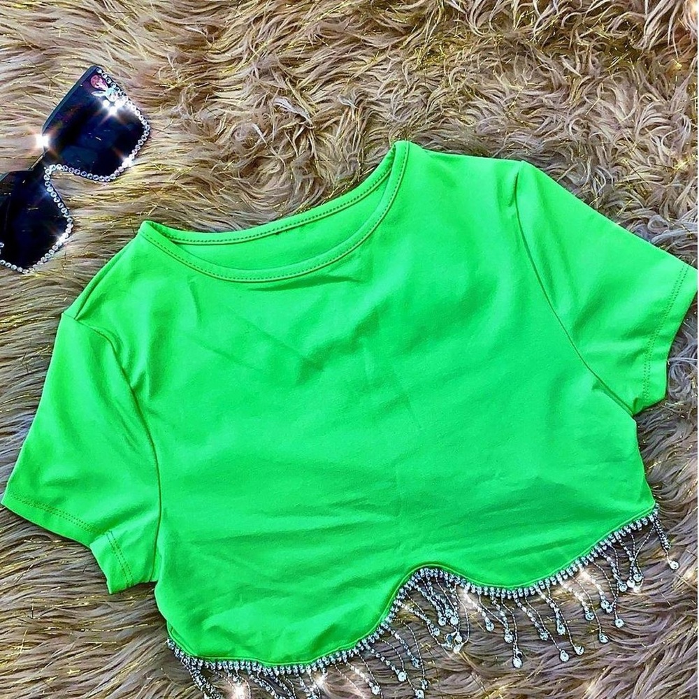 Tan Fringe Rhinestone Crop Top